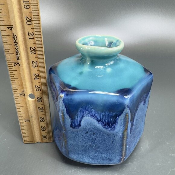 Kotobuki Peppercorn Hexagon Vase Set 2 Made in Japan W Tags Blue Green Glaze VTG - Picture 5 of 16